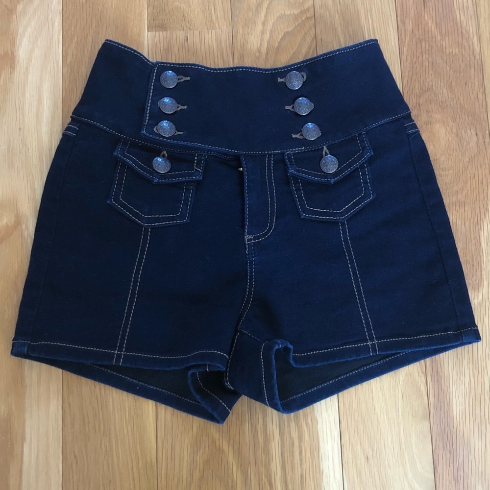 High Waisted Button Up Dark Blue Denim Shorts